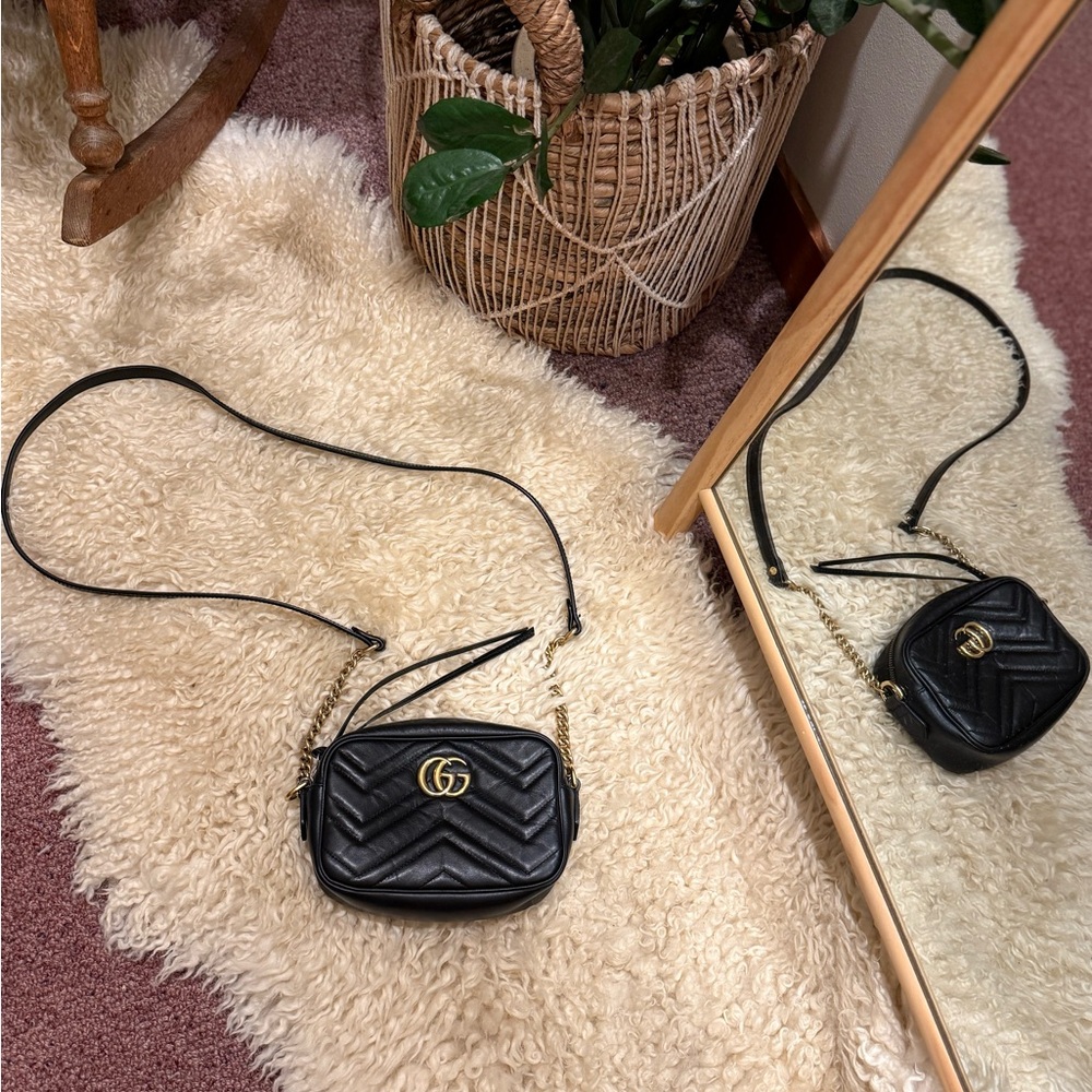 Authentic Gucci Marmont Mini Black Quilted Leather Crossbody Bag